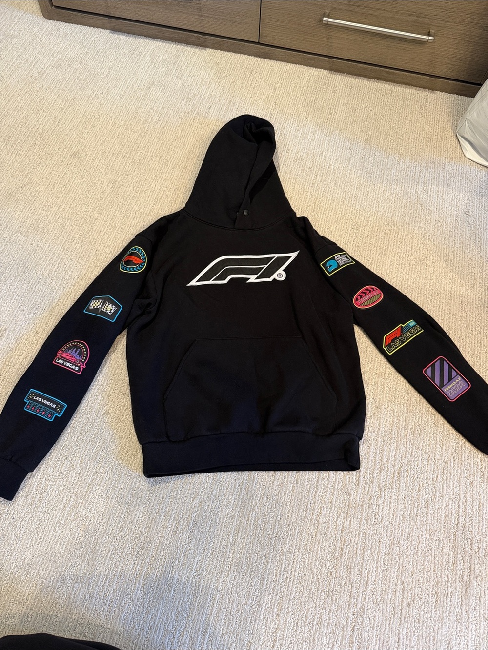 F1 Logo Black Hoodie with Sleeve Patches from Las Vegas Grand Prix 2024